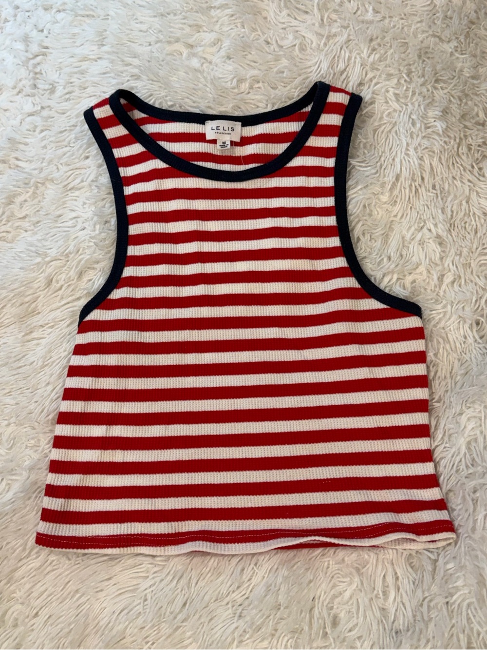 Le LIS Red & White Striped Ribbed Tank with Navy Trim
